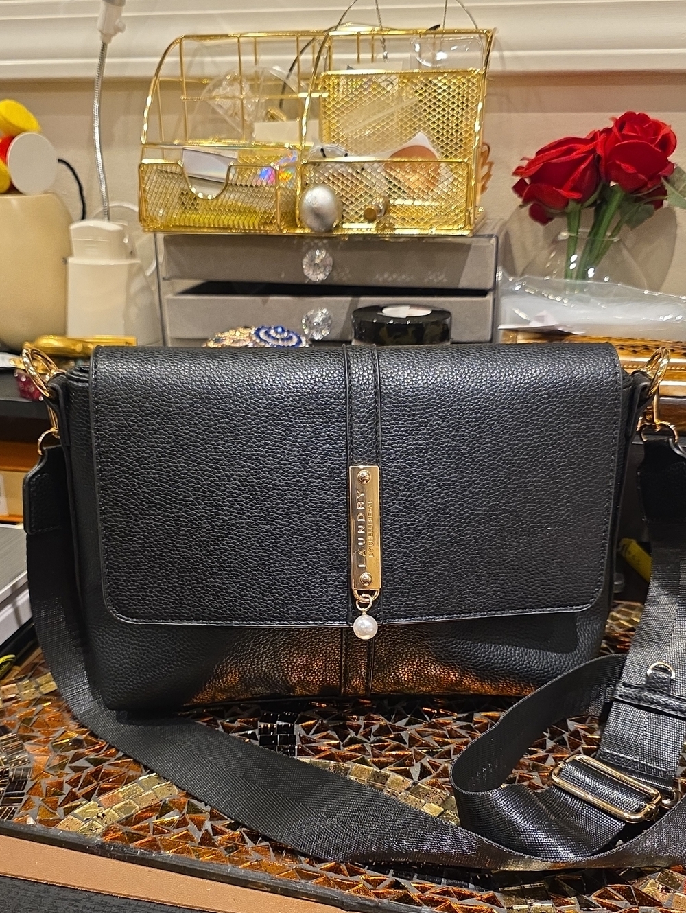 Laundry By Shelli Segal Black Crossbody with Gold Hardware